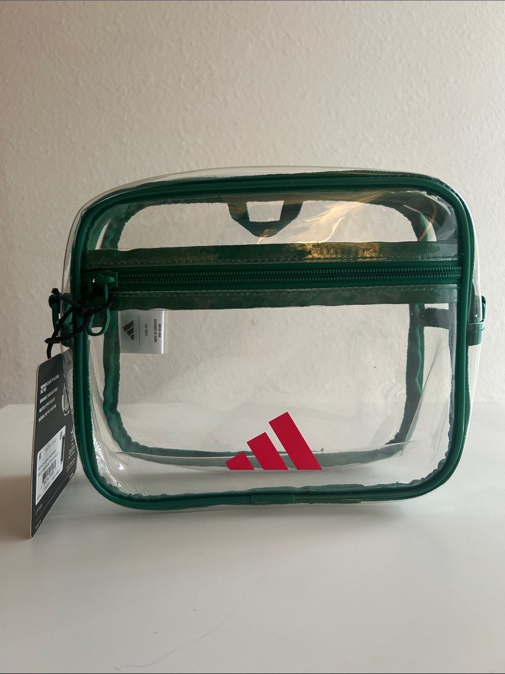 Adidas Clear Crossbody Pouch with Green Trim and Red Logo, MEXICO strap